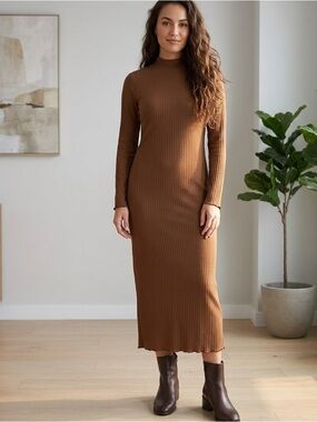 NWOT Camel Brown Ribbed Mock Neck Midi Dress Long Sleeve Relax Bodycon Boho Chic